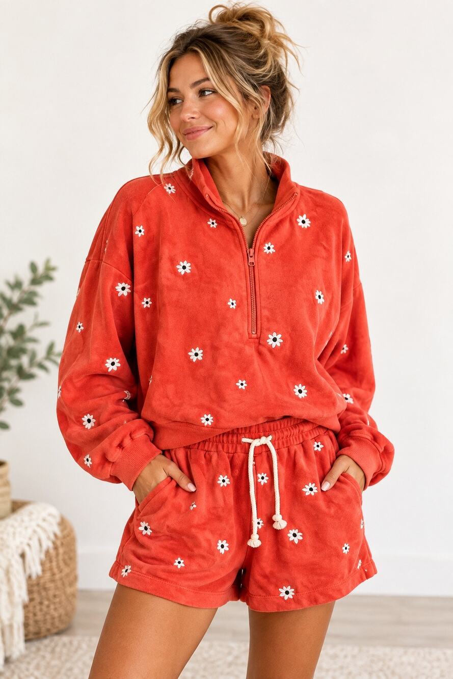 Loft Coral Daisy Floral Half Zip Sweatshirt & Shorts Matching Lounge Set